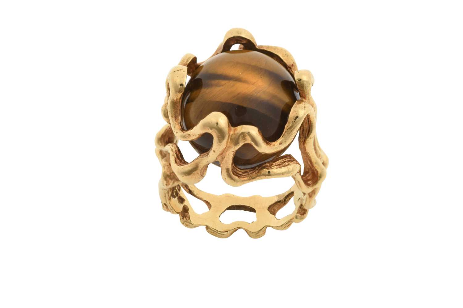An 18 Carat Gold Ring, by Gilbert Albert the yellow textured openwork shank accompanied by six