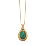 A 9 Carat Gold Malachite Pendant on Chain the oval cabochon malachite within a textured frame,