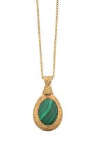 A 9 Carat Gold Malachite Pendant on Chain the oval cabochon malachite within a textured frame,