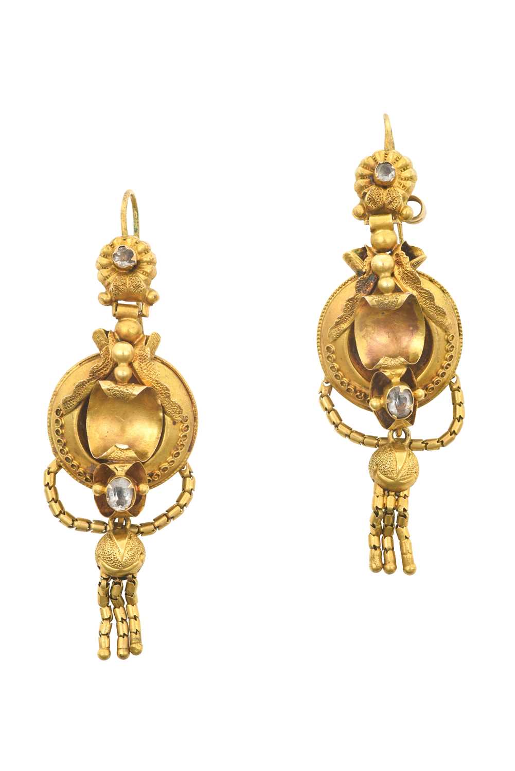 A Pair of Victorian Drop Earrings the round cut colourless stone within a yellow shell motif border,