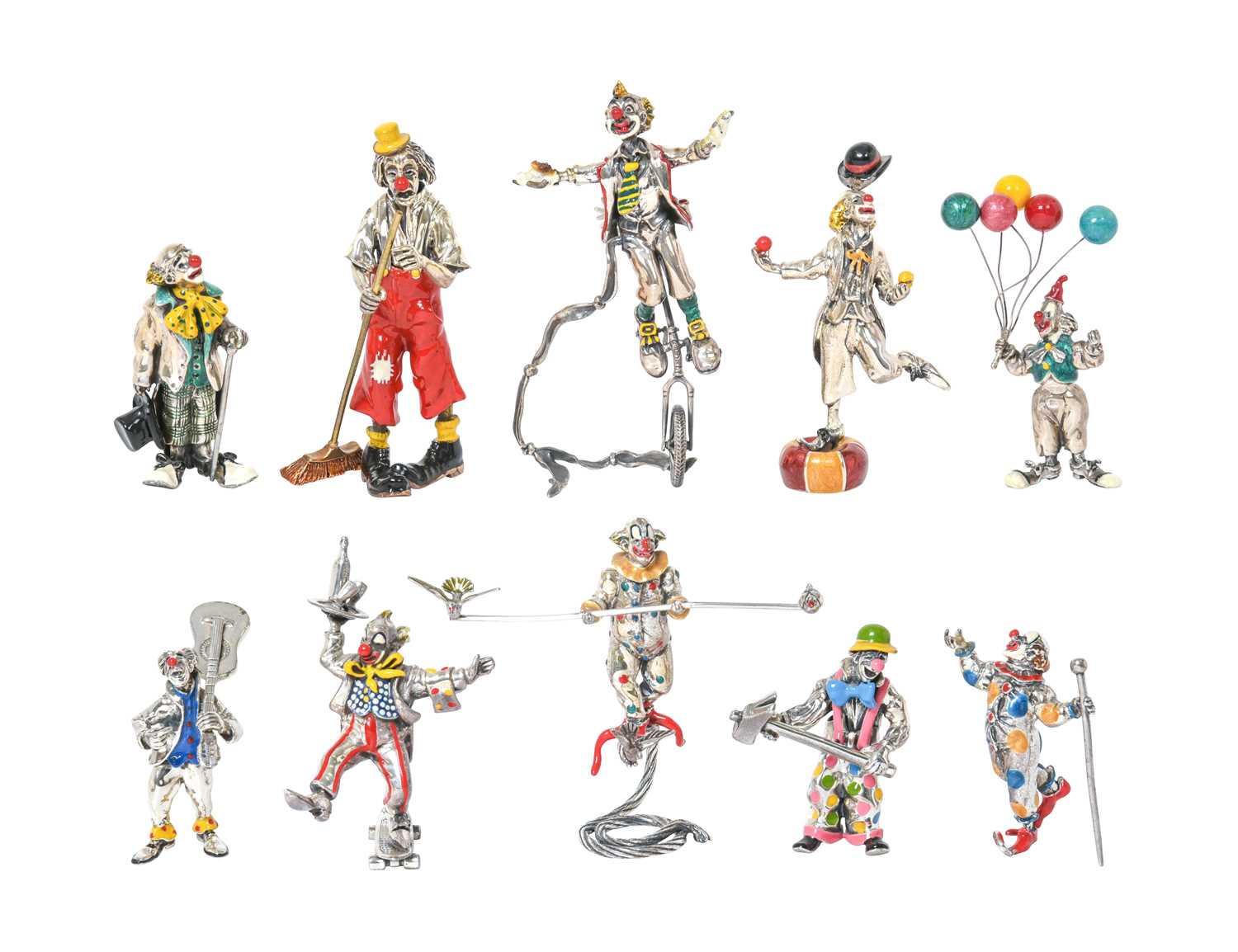 A Collection of Ten Italian Silver and Enamel Clown Figures, Eight by Sorini and Two Attributed to