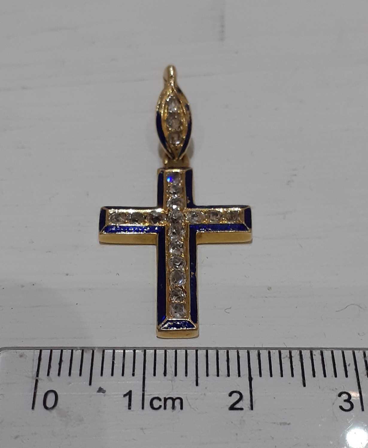 An Enamel and Diamond Cross Pendant the old cut diamonds in yellow claw settings, within a border of - Image 2 of 4