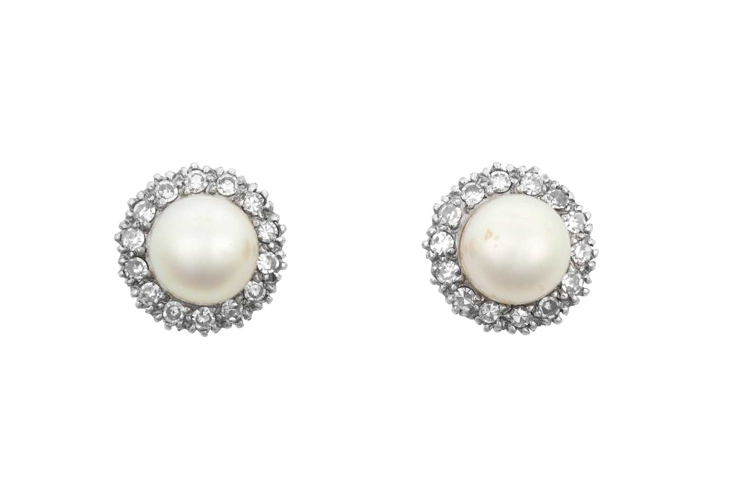 A Pair of Cultured Pearl and Diamond Cluster Earrings the cultured pearls within borders of eight-