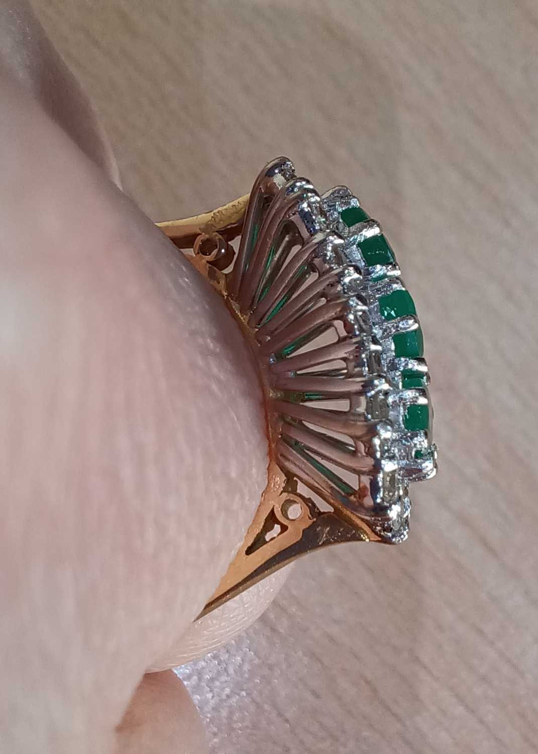 An 18 Carat Gold Emerald and Diamond Triple Cluster Ring three graduated oval cut emeralds within - Image 3 of 4