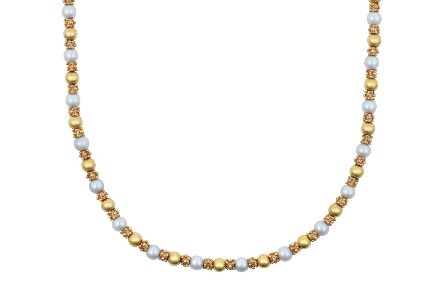 A 9 Carat Gold Cultured Pearl Necklace the cultured pearls spaced by yellow plain polished beads and