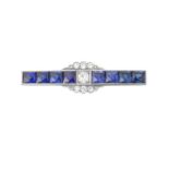 A Synthetic Sapphire and Diamond Brooch the central round brilliant cut diamond flanked by four