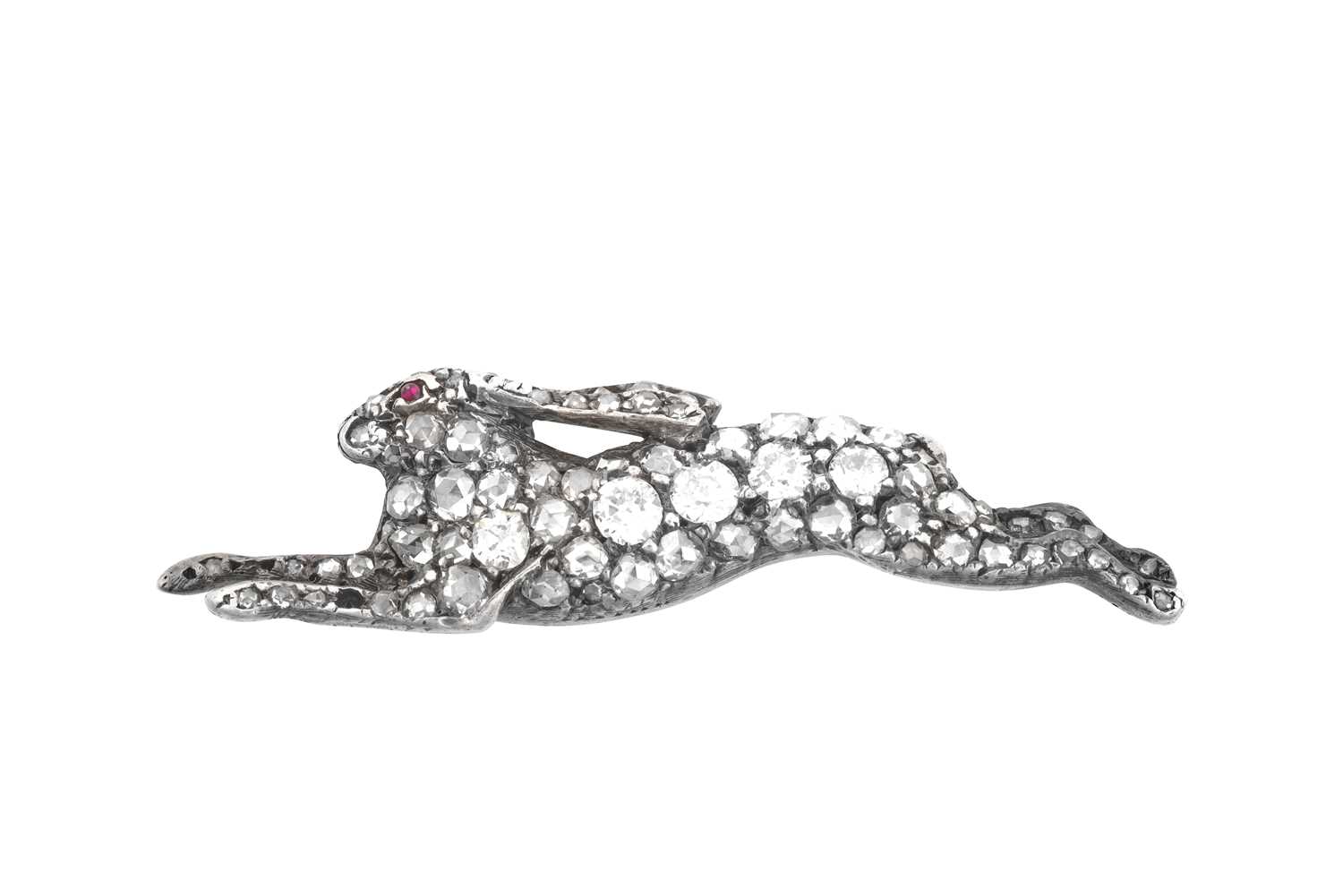 A Victorian Diamond Hare Brooch the running hare set throughout with old cut and rose cut