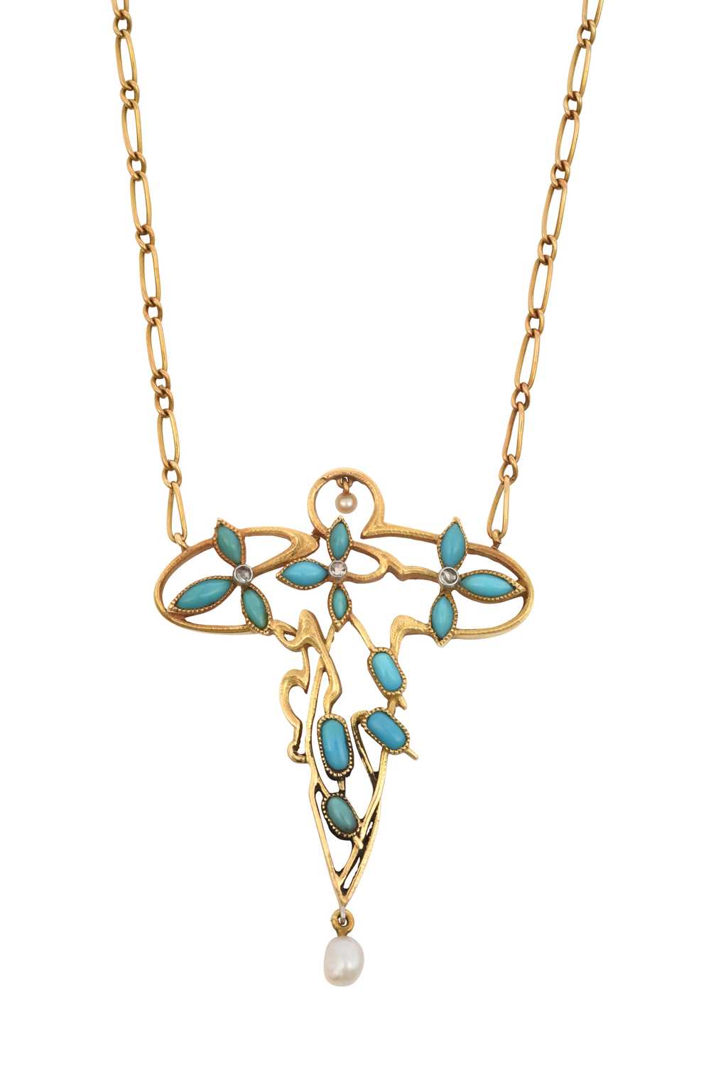 A French Art Nouveau Turquoise, Pearl and Diamond Necklace in the form of a yellow openwork stylised