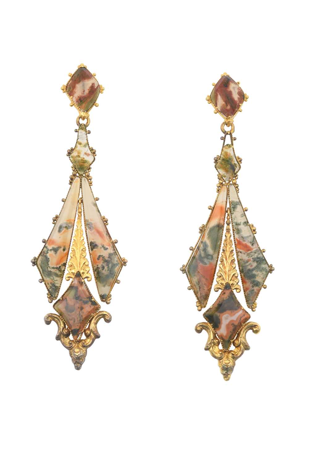 A Pair of Victorian Moss Agate Drop Earrings the vari-shaped moss agate plaques in yellow claw