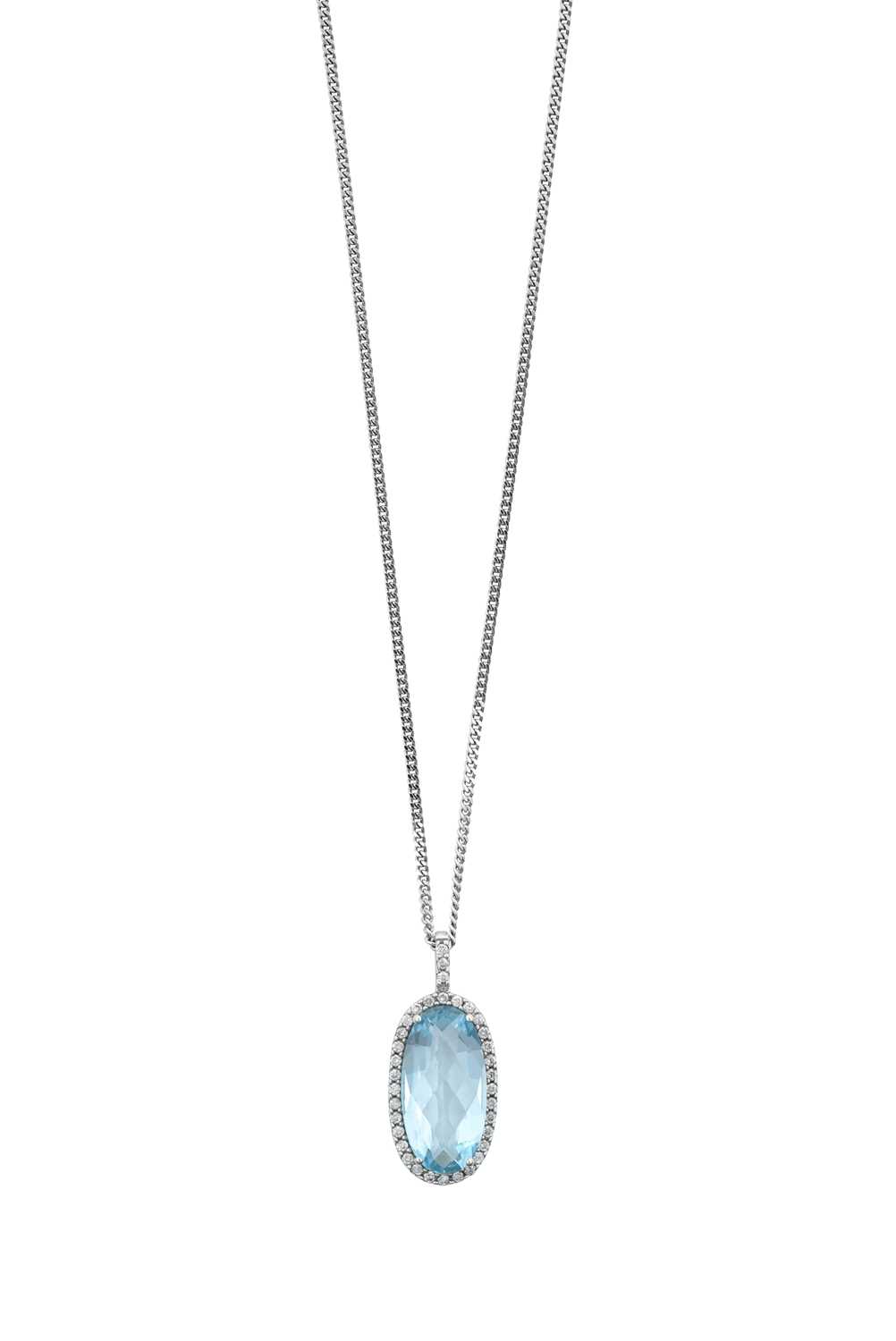 An 18 Carat White Gold Blue Topaz and Diamond Cluster Pendant on Chain the fancy oval cut blue topaz