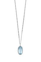 An 18 Carat White Gold Blue Topaz and Diamond Cluster Pendant on Chain the fancy oval cut blue topaz