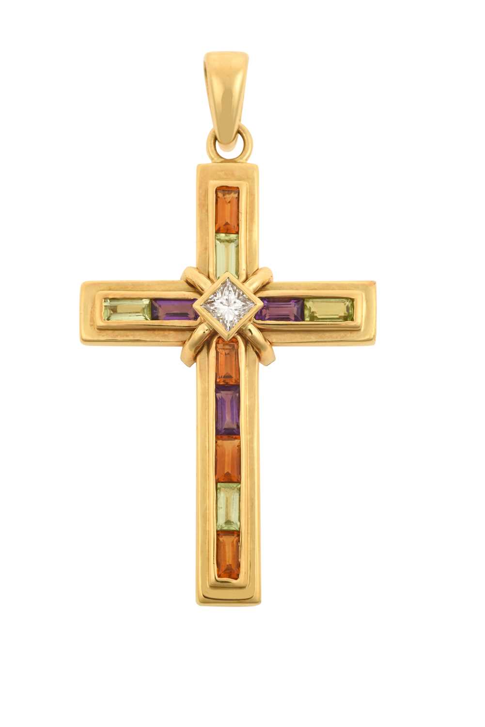 A Multi-Gem Set Cross Pendant, by Catherine Best the cross motif set throughout with baguette cut