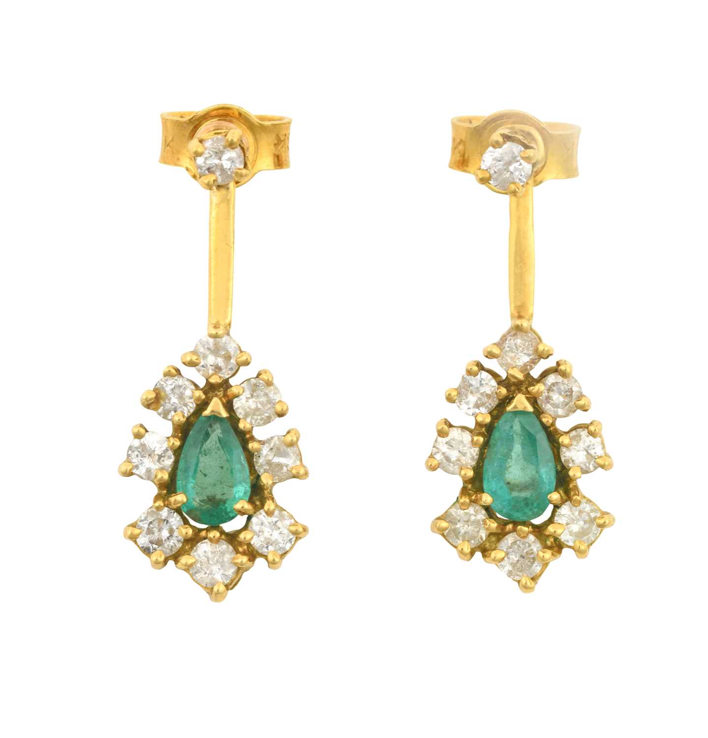 A Pair of 18 Carat Gold Emerald and Diamond Drop Earrings the pear cut emerald within a border of