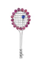 A Ruby, Sapphire and Diamond Novelty Brooch realistically modelled as a tennis racket, the white