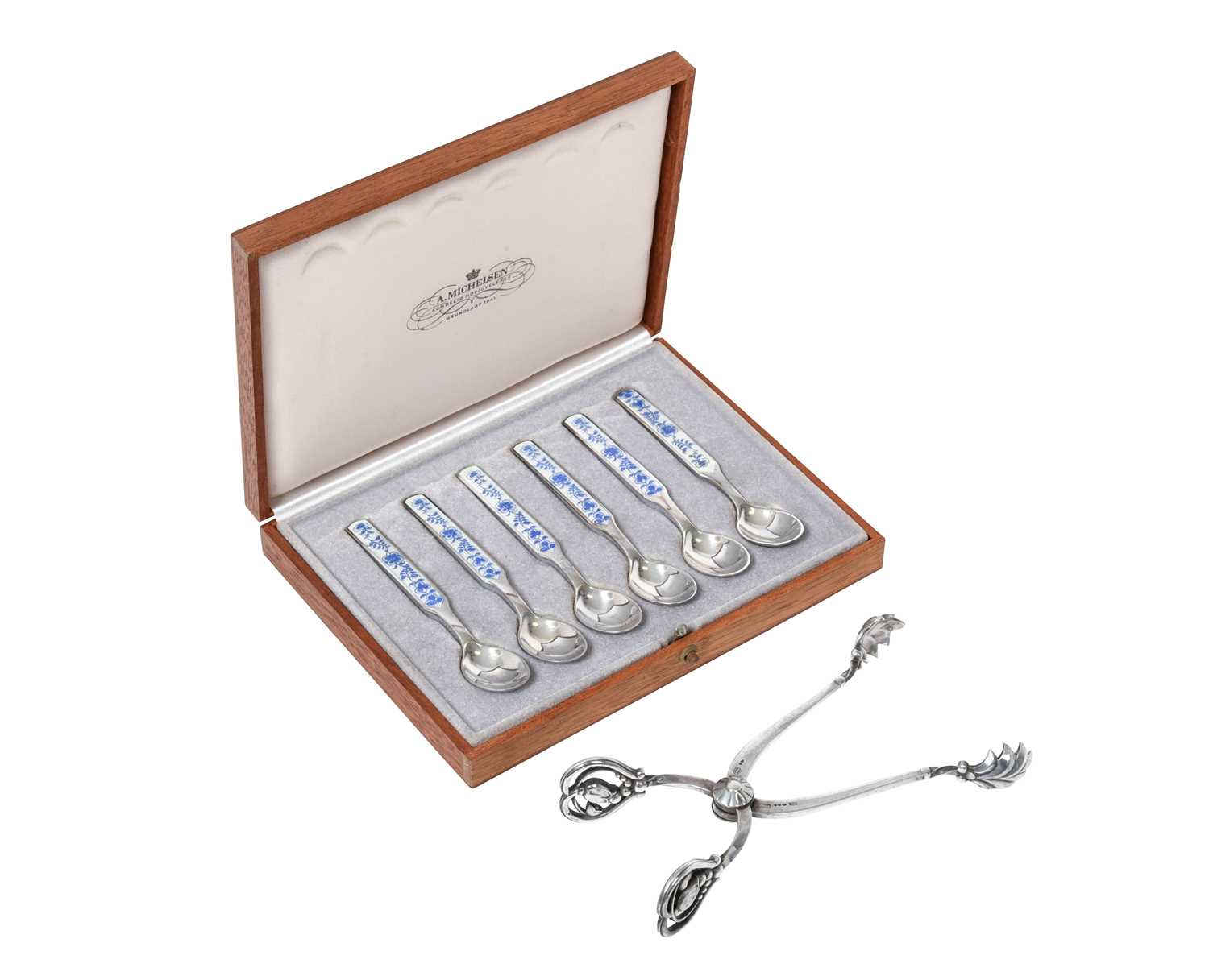 A Pair of Danish Silver Sugar-Nips and a Cased Set of Six Danish Silver and Enamel Coffee-Spoons, T