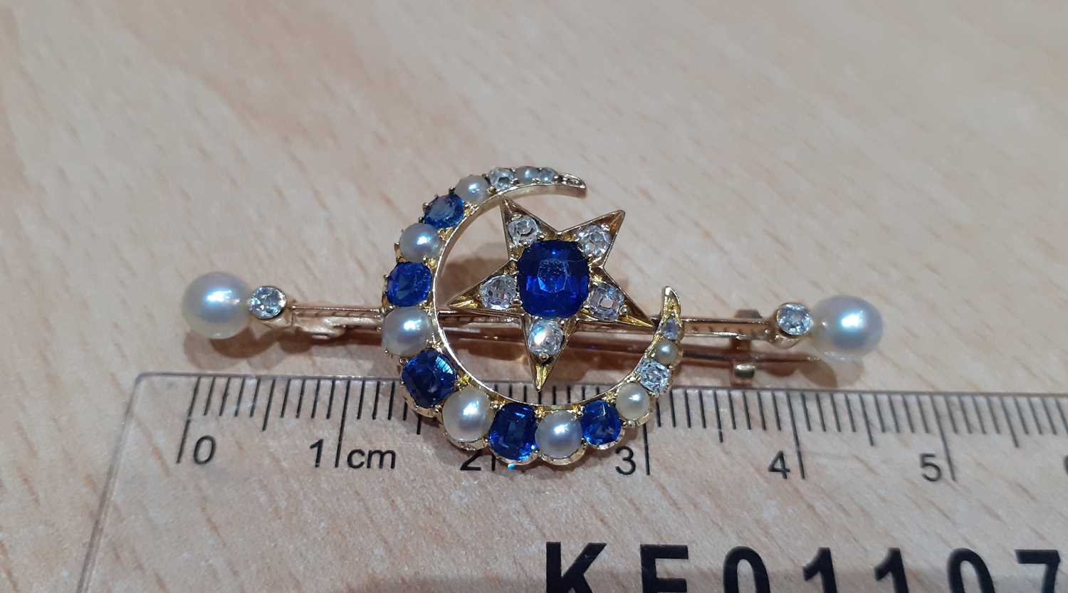 A Victorian Sapphire, Diamond and Pearl Star and Crescent Brooch the crescent comprised of graduated - Image 3 of 3