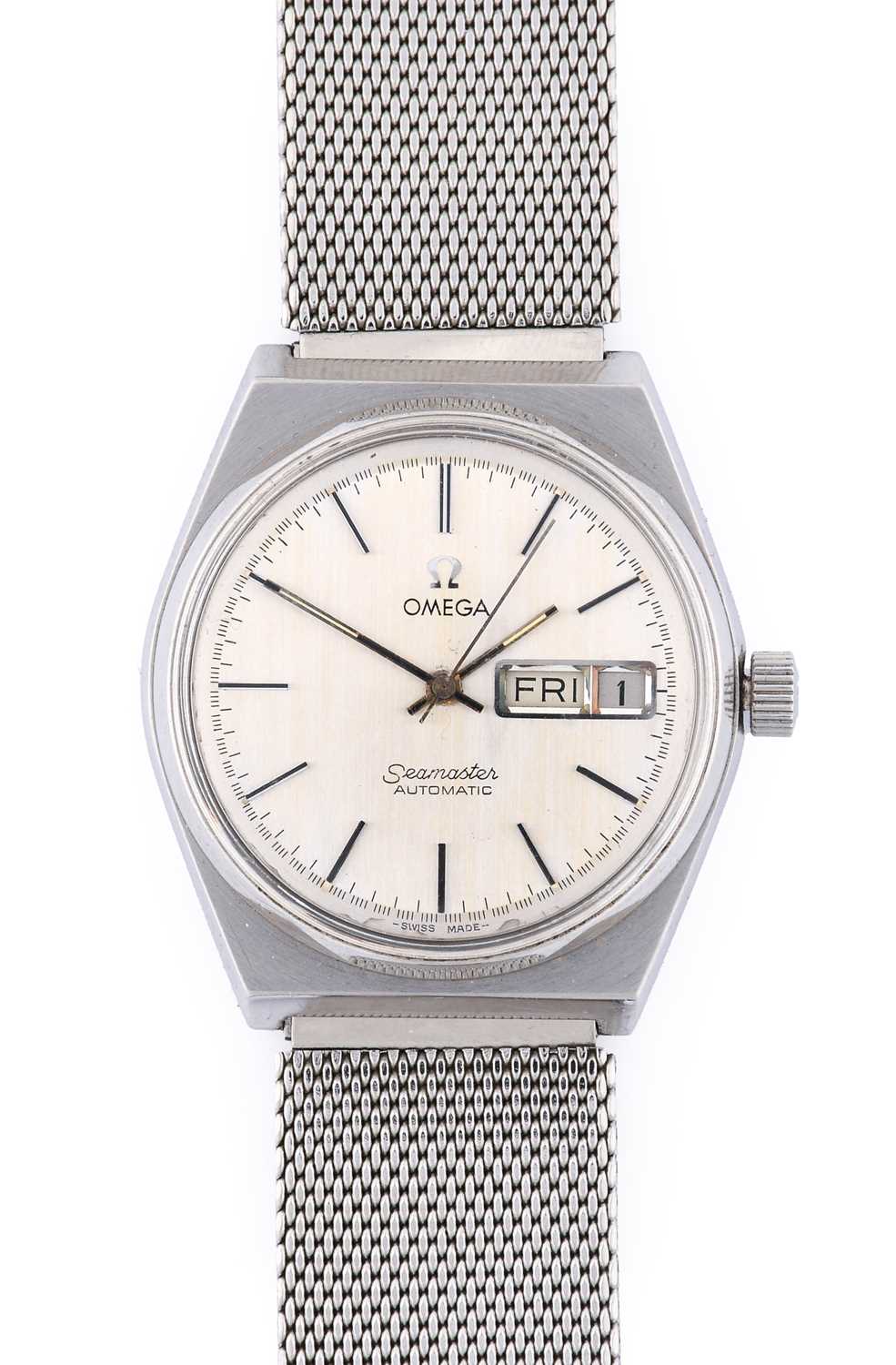 Omega: A Stainless Steel Automatic Day/Date Centre Seconds Wristwatch, signed Omega, model: