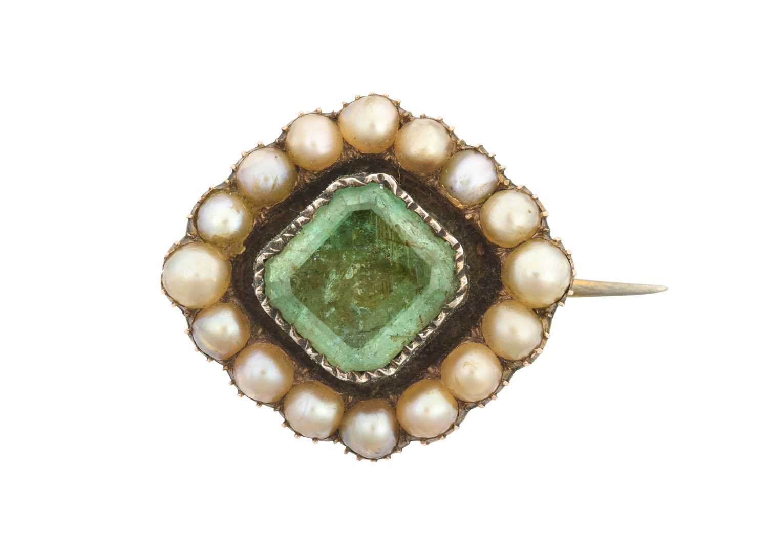 A Topaz and Diamond Ring and An Emerald and Split Pearl Brooch the cushion cut topaz in a yellow - Image 2 of 6