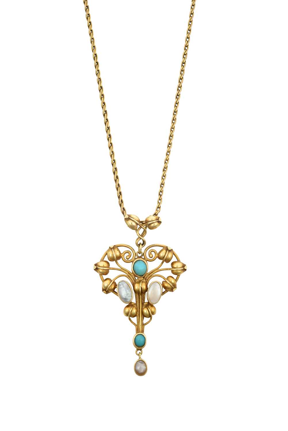 A Turquoise and Mother-of-Pearl Pendant on Chain the openwork scroll and foliate motif frame