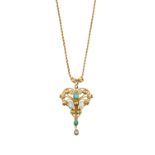 A Turquoise and Mother-of-Pearl Pendant on Chain the openwork scroll and foliate motif frame