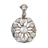 A Diamond Pendant the central old cut diamond to a circular openwork frame set throughout with old