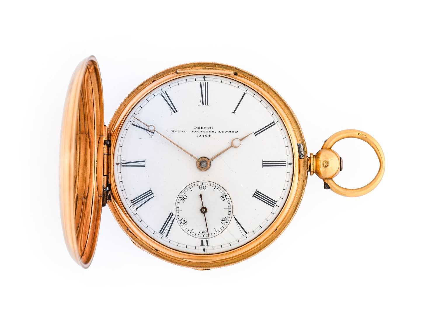 French: An 18 Carat Gold Duplex Full Hunter Pocket Watch, signed French, Royal Exchange, London,