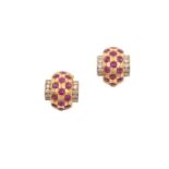 A Pair of Ruby and Diamond Cuff Earrings three rows of round cut rubies in yellow star settings,