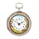 Porter: A Silver Pair Cased Verge Pocket Watch with an Enamel Dial Painted Hunting Scene, signed