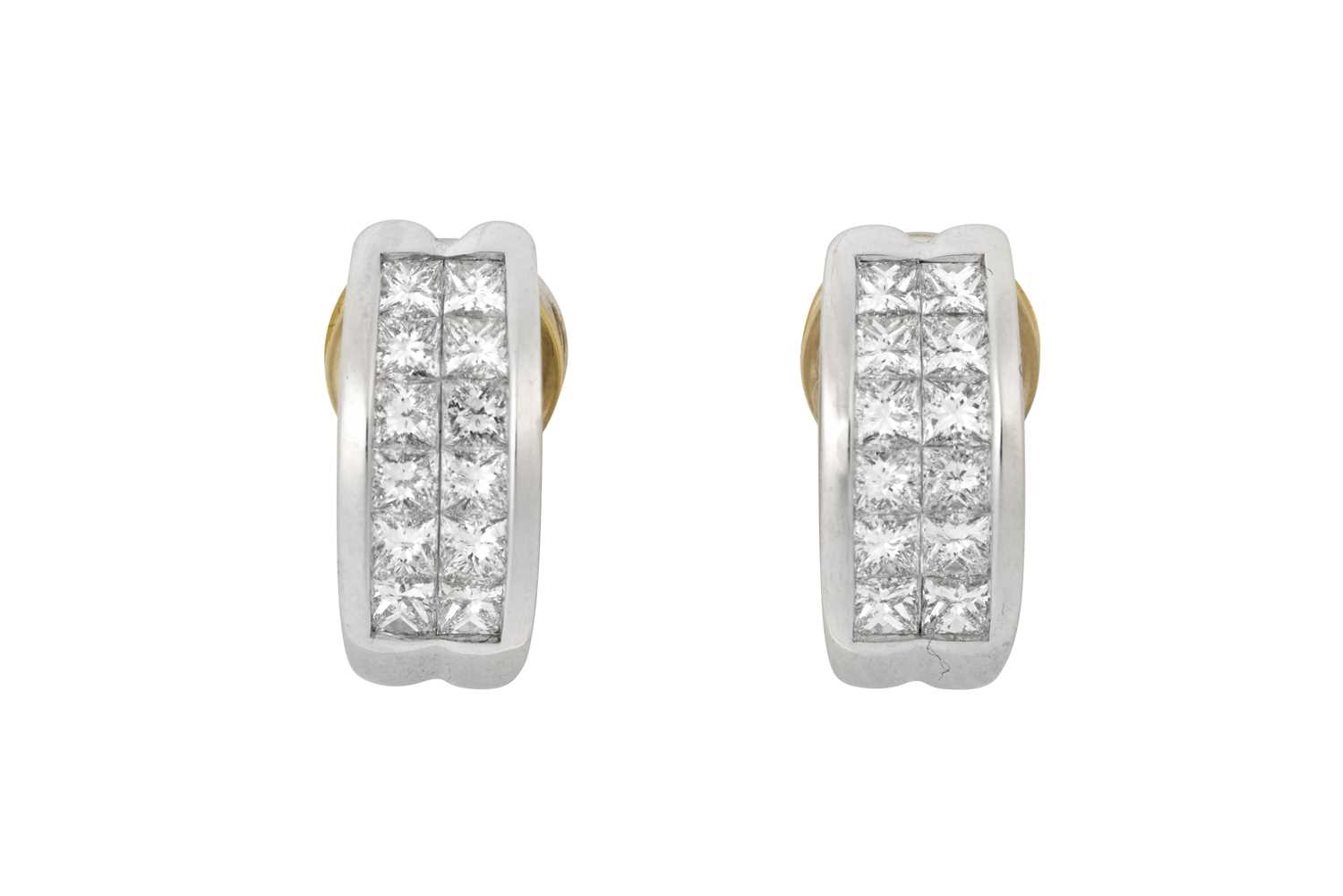 A Pair of 18 Carat White Gold Diamond Cuff Earrings two rows of princess cut diamonds, in white