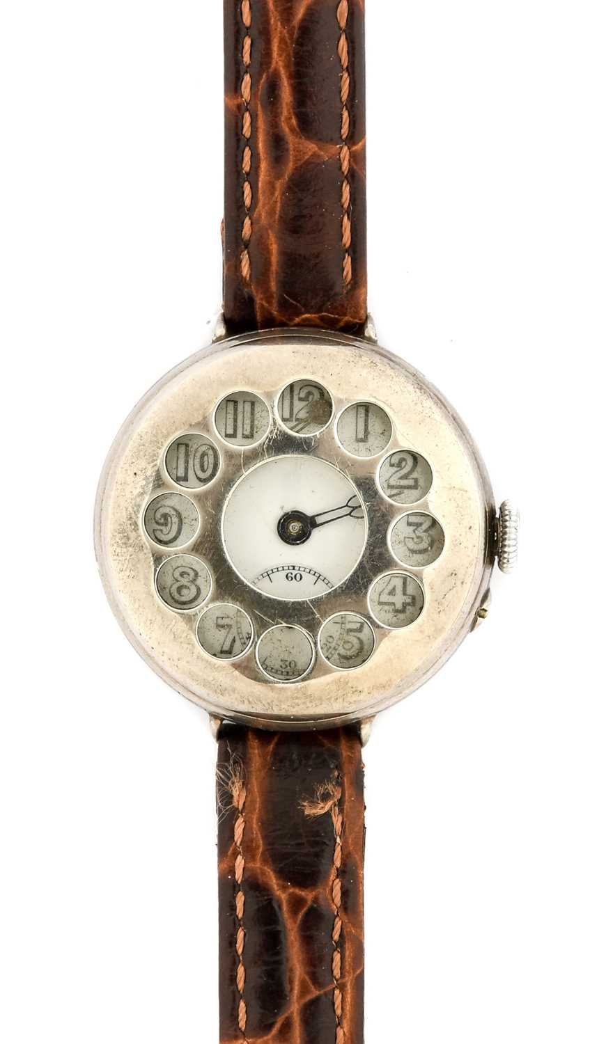 A Rare and Early Silver Integrated "Telephone" Shrapnel Guard Wristwatch, 1915, manual wound lever - Image 3 of 3