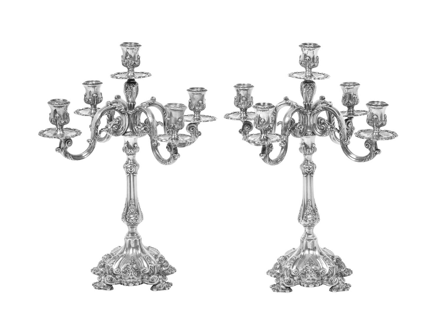 A Pair of Portuguese Silver Five-Light Candelabra, by Topázio, Second Quarter 20th Century