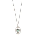 A Green Tourmaline and Diamond Pendant on Chain the oval cut green tourmaline to an oval openwork