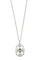 A Green Tourmaline and Diamond Pendant on Chain the oval cut green tourmaline to an oval openwork