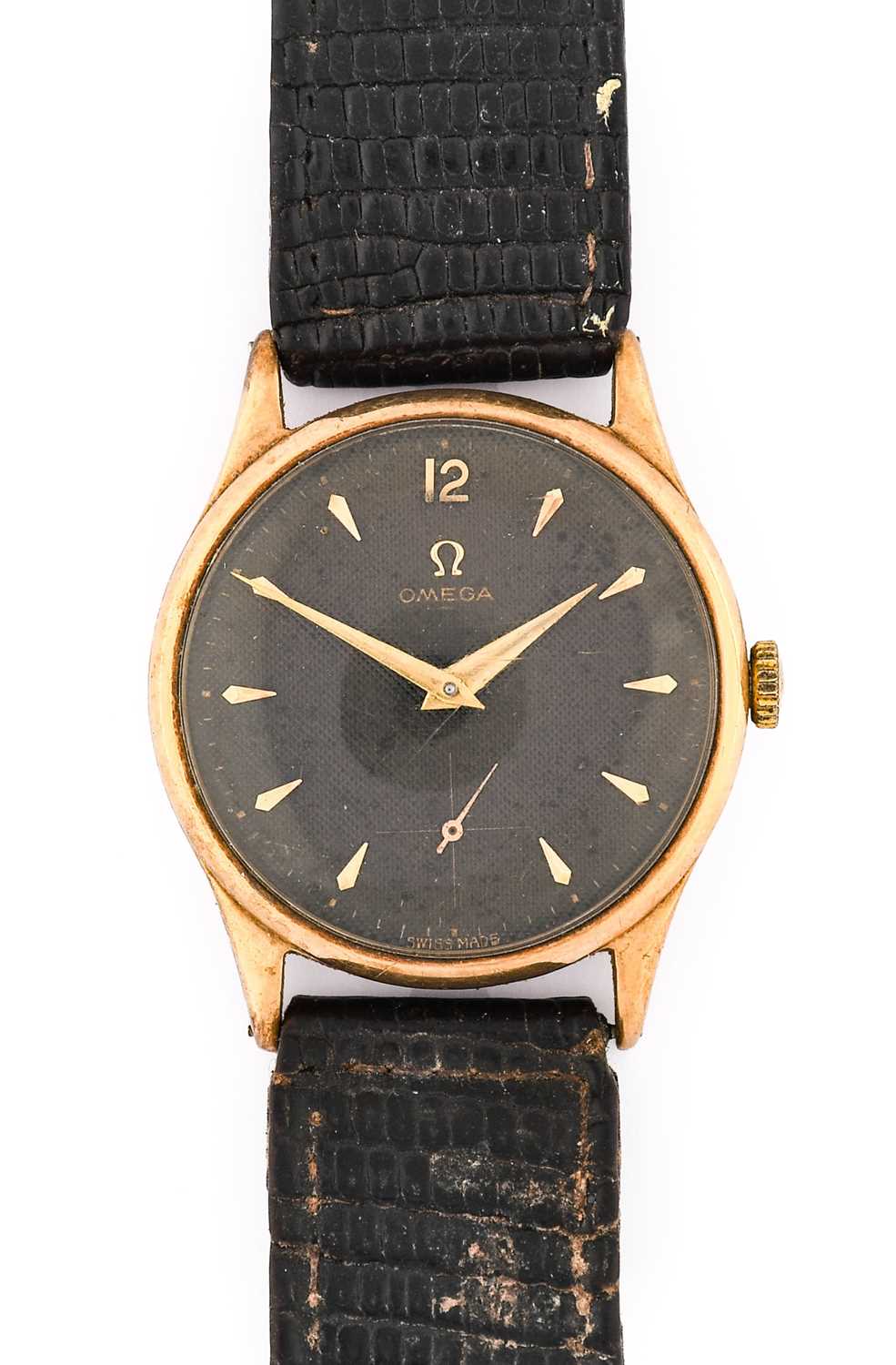 Omega: A 9 Carat Gold Hobnail Finished Black Dial Wristwatch, signed Omega, 1954, (calibre 266) - Image 2 of 2