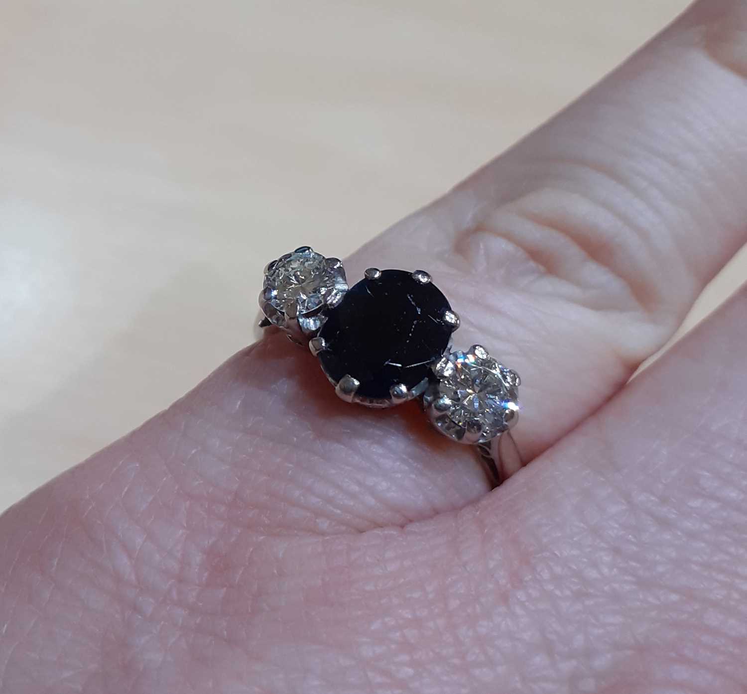 An 18 Carat White Gold Sapphire and Diamond Three Stone Ring the oval cut sapphire flanked by - Image 4 of 4