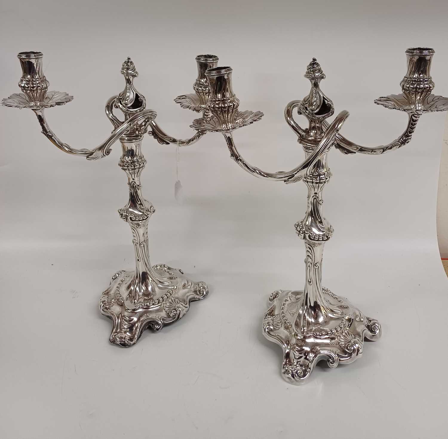 Two George III Silver Two-Light Candleabra, One Base by Ebenezer Coker, London, 1760, The Other Bas - Bild 2 aus 10