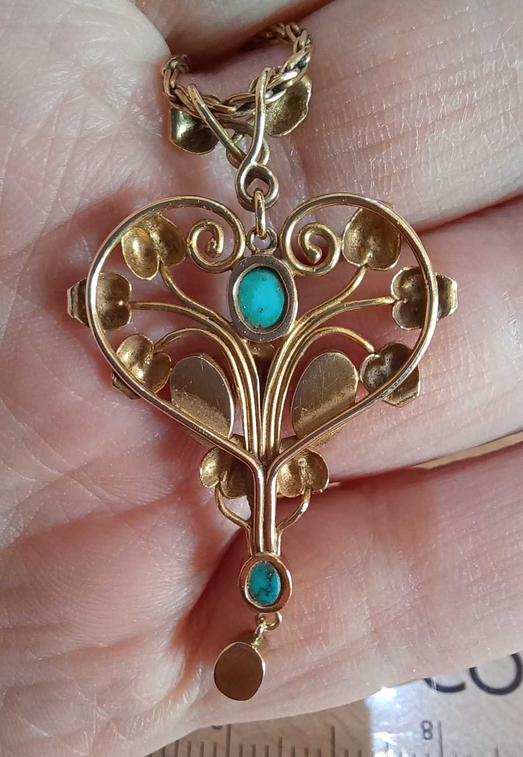 A Turquoise and Mother-of-Pearl Pendant on Chain the openwork scroll and foliate motif frame - Image 4 of 4