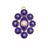 A Mid-Victorian Enamel, Split Pearl and Diamond Brooch/Pendant the blue enamel lozenge shaped plaque