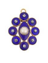 A Mid-Victorian Enamel, Split Pearl and Diamond Brooch/Pendant the blue enamel lozenge shaped plaque