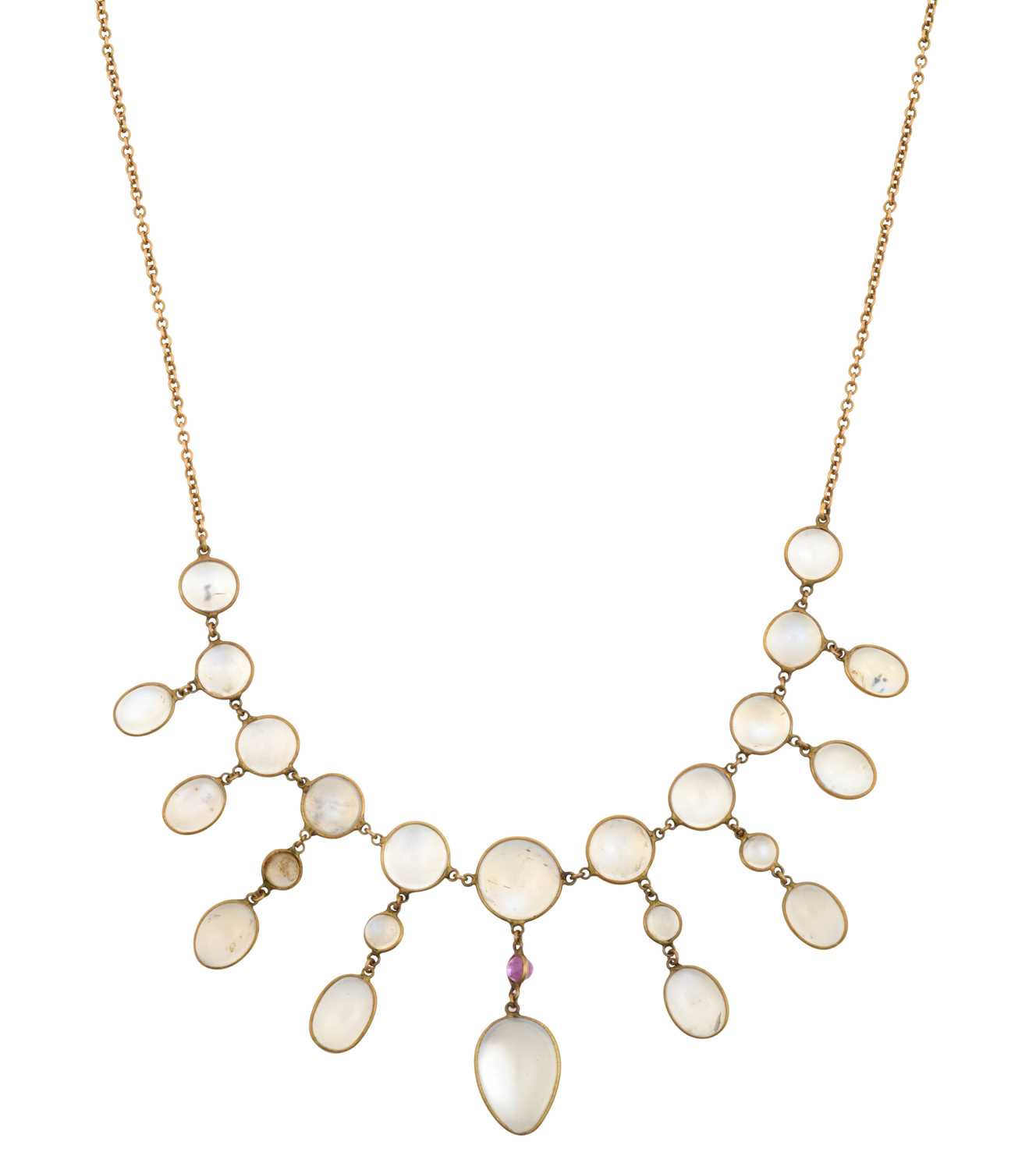 An Early 20th Century Moonstone and Synthetic Ruby Necklace eleven round cabochon moonstones suspend