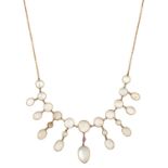 An Early 20th Century Moonstone and Synthetic Ruby Necklace eleven round cabochon moonstones suspend