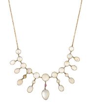 An Early 20th Century Moonstone and Synthetic Ruby Necklace eleven round cabochon moonstones suspend