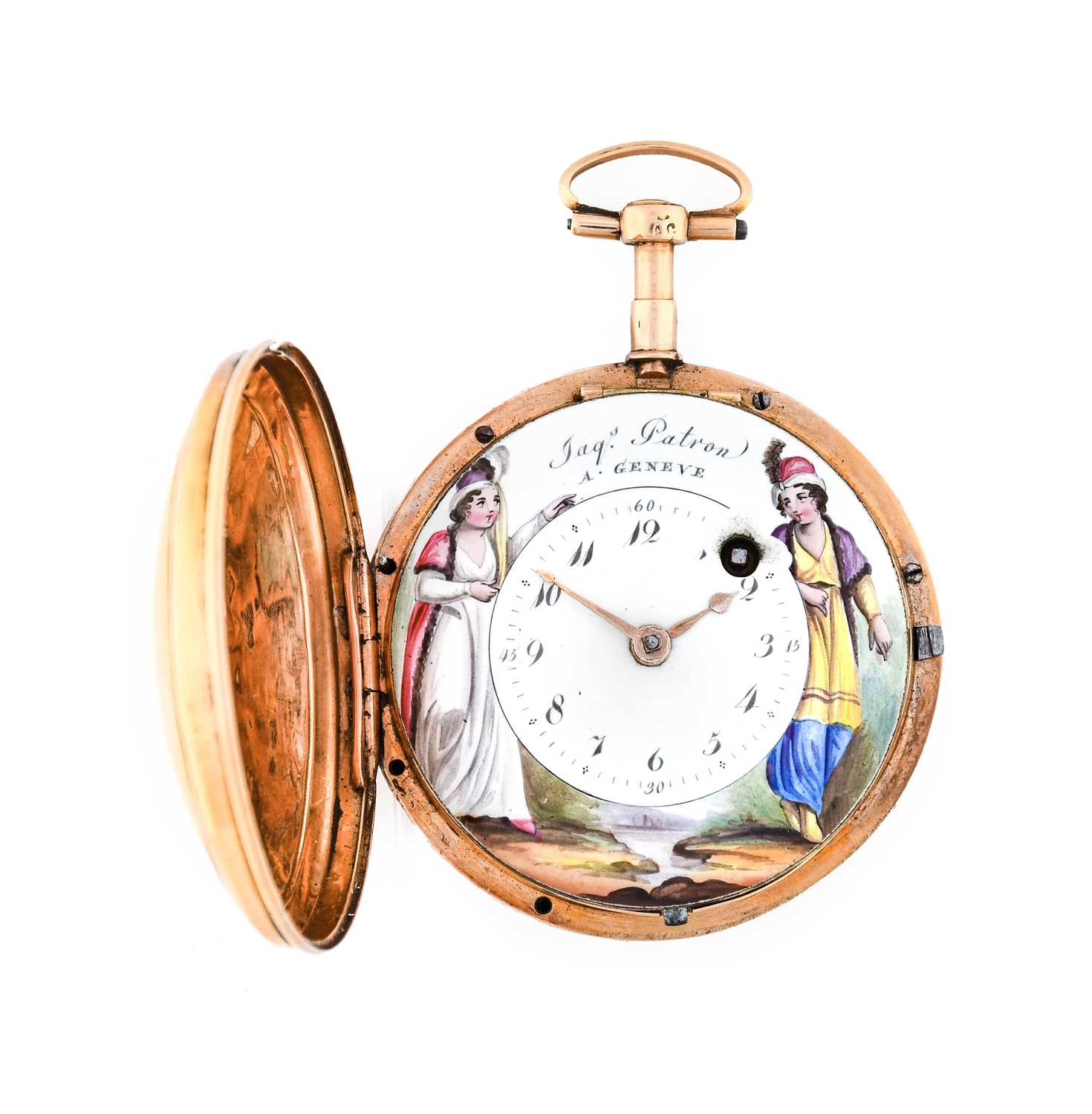 Patron: A Swiss Consular Cased Painted Dial Verge Pocket Watch, signed Jaqs Patron, A Geneve,