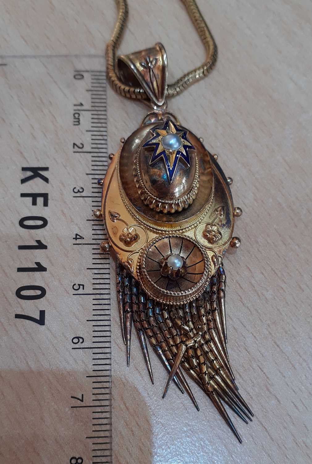 A Victorian Enamel and Split Pearl Pendant/Locket on Chain the oval plaque with a rasied dome - Image 3 of 4