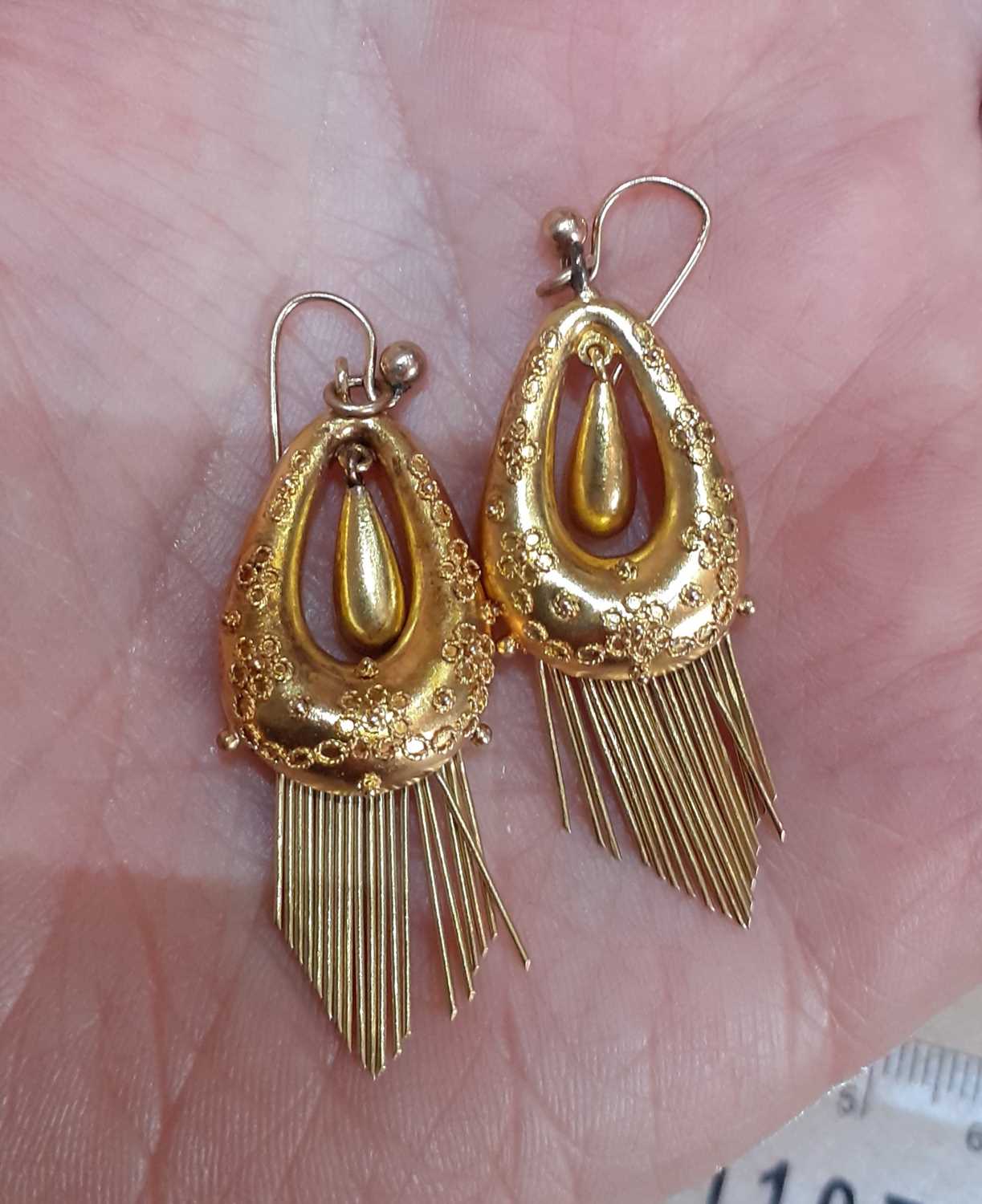 A Pair of Victorian Drop Earrings of pear shaped openwork form, with fringe and cannetille - Image 2 of 4