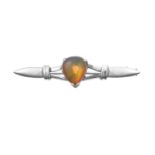 A Water Opal Brooch the pear cabochon water opal in a white claw setting, to a tapered bar length