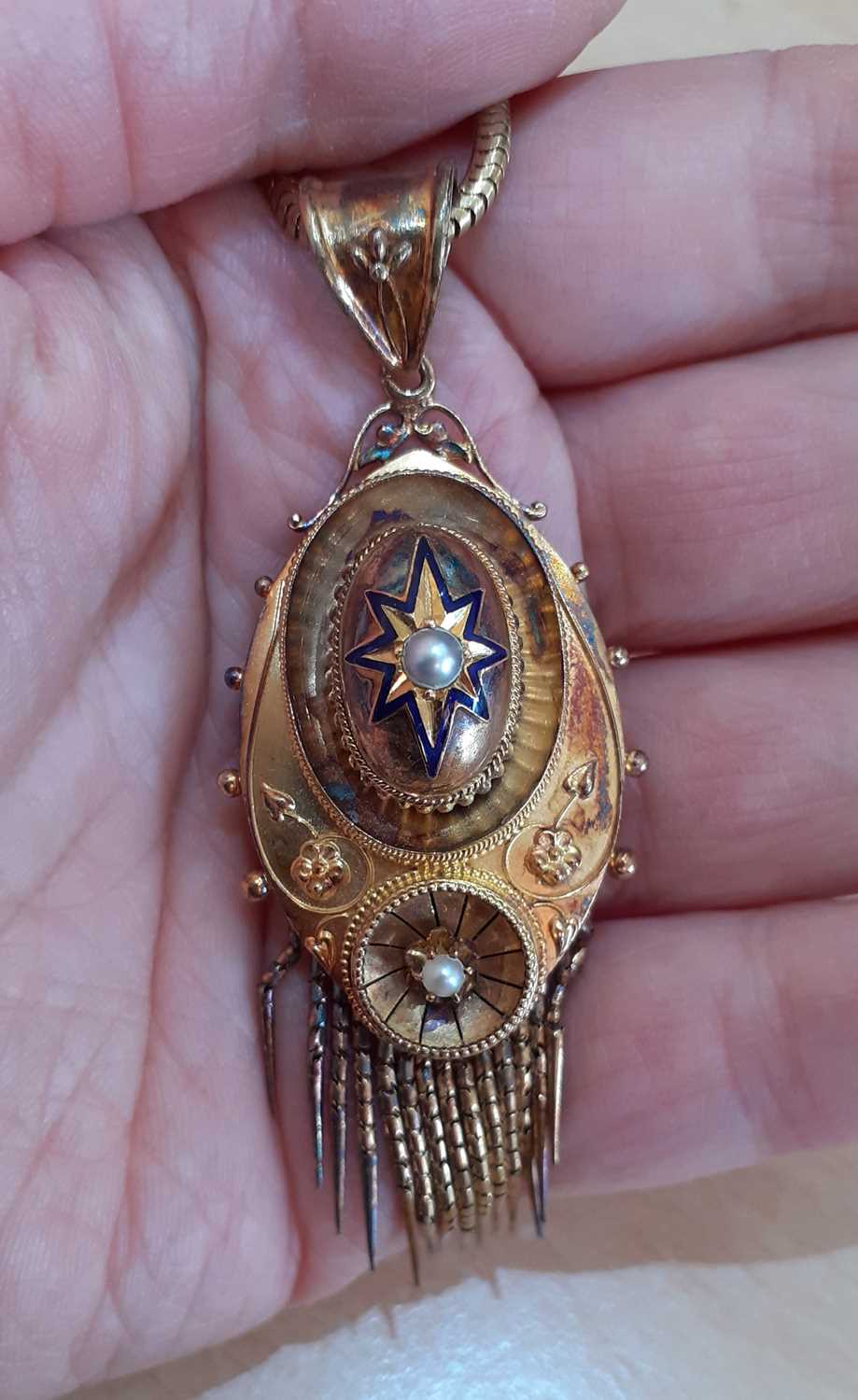 A Victorian Enamel and Split Pearl Pendant/Locket on Chain the oval plaque with a rasied dome - Image 2 of 4
