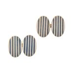 A Pair of Enamel Cufflinks the yellow oval chain linked plaques enamelled in blue and white stripes,