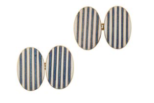 A Pair of Enamel Cufflinks the yellow oval chain linked plaques enamelled in blue and white stripes,