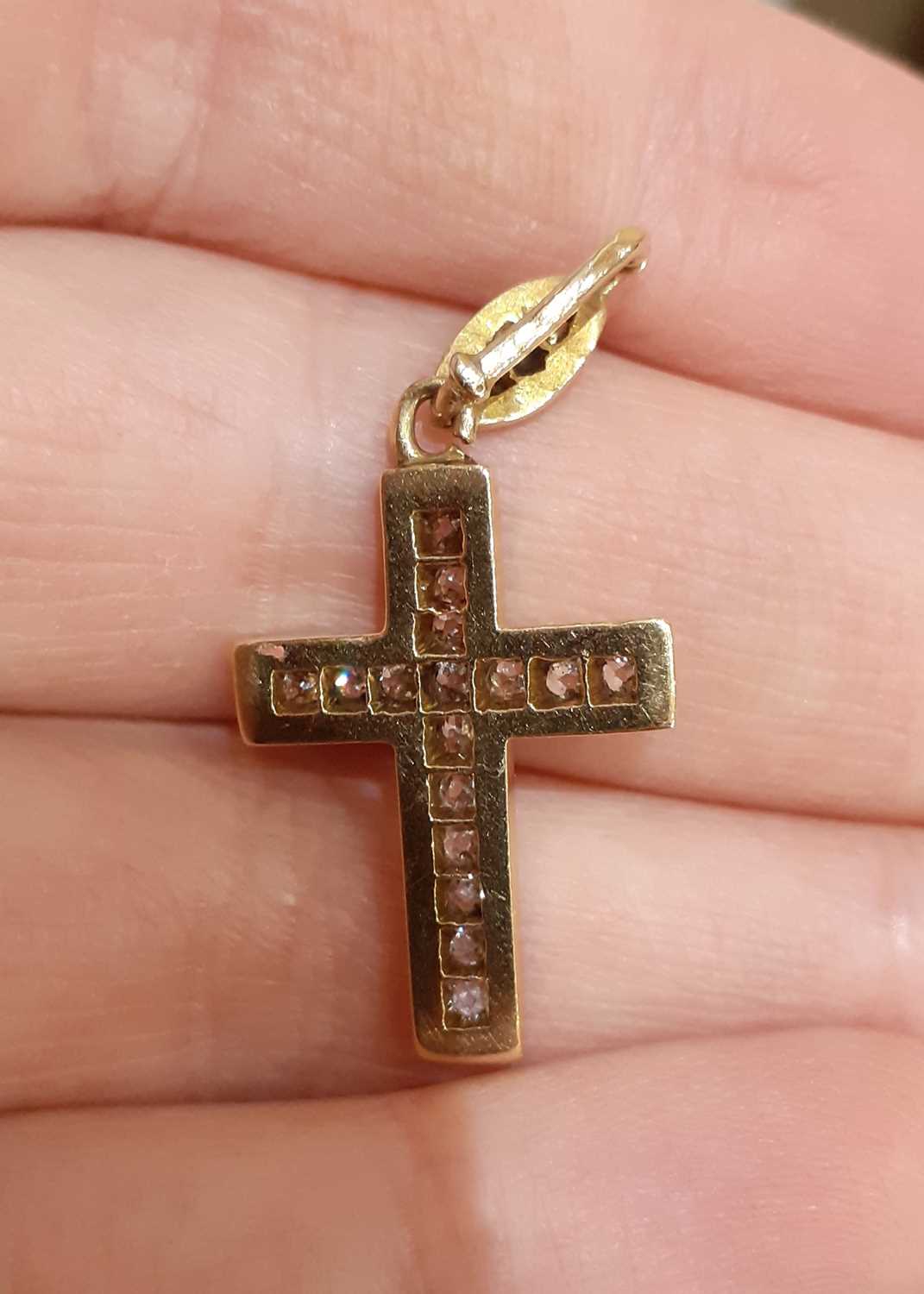 An Enamel and Diamond Cross Pendant the old cut diamonds in yellow claw settings, within a border of - Image 4 of 4